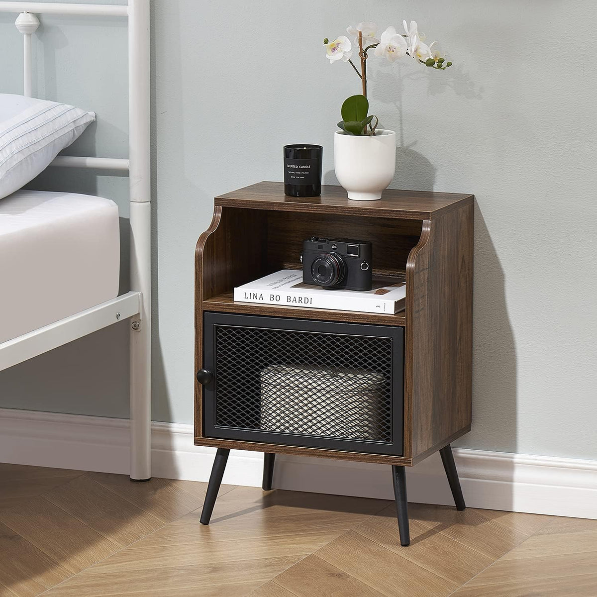 Brown Metal Nightstand with Storage Cabinet and Drawer Shelf D39494