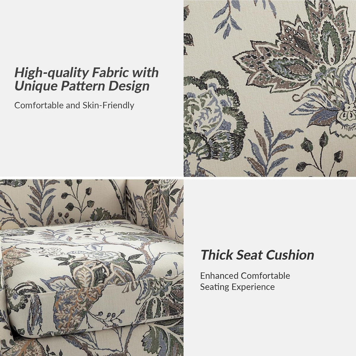 Accent Chair Set Of 2 With Wood Legs & Removable Cushion, Upholstered Armchair, Floral Design, GREY S304007