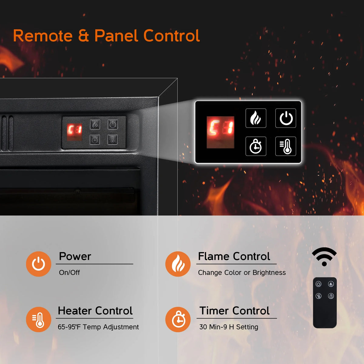 Electric Fireplace Heater with Thermostat, Remote Control K8326