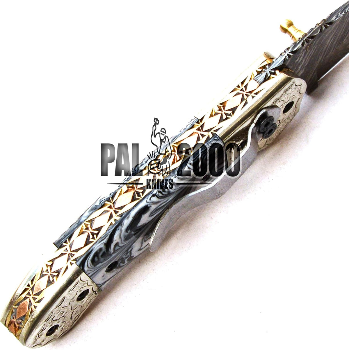 Handmade Damascus Steel Folding Pocket Hunting Knife with Sheath D53421