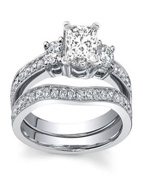 Three Stone Diamond Bridal Set 1 Carat Princess Cut Diamond 10k Gold C207393