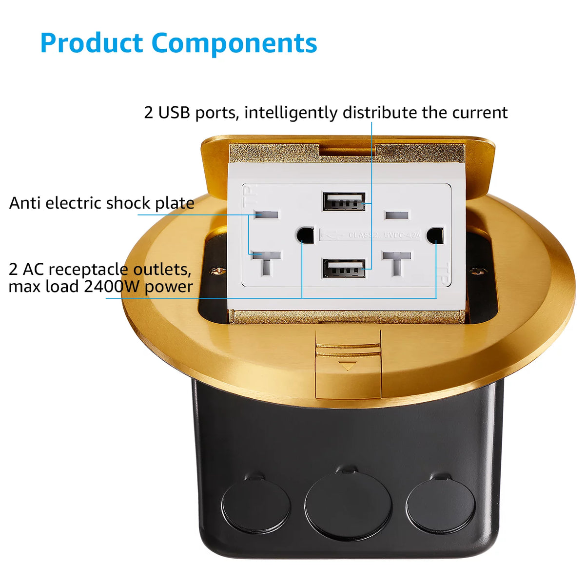 Brass Cover Electrical Floor Outlet Box 20A 2AC Receptacle Outlets 2 USB Ports M147665