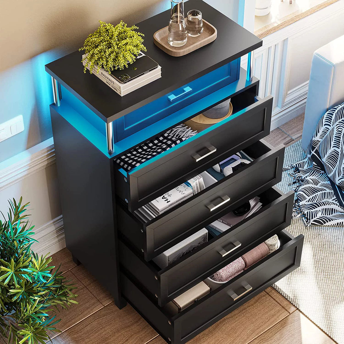 Black 5 Drawers Wood Dresser with LED Light V112659
