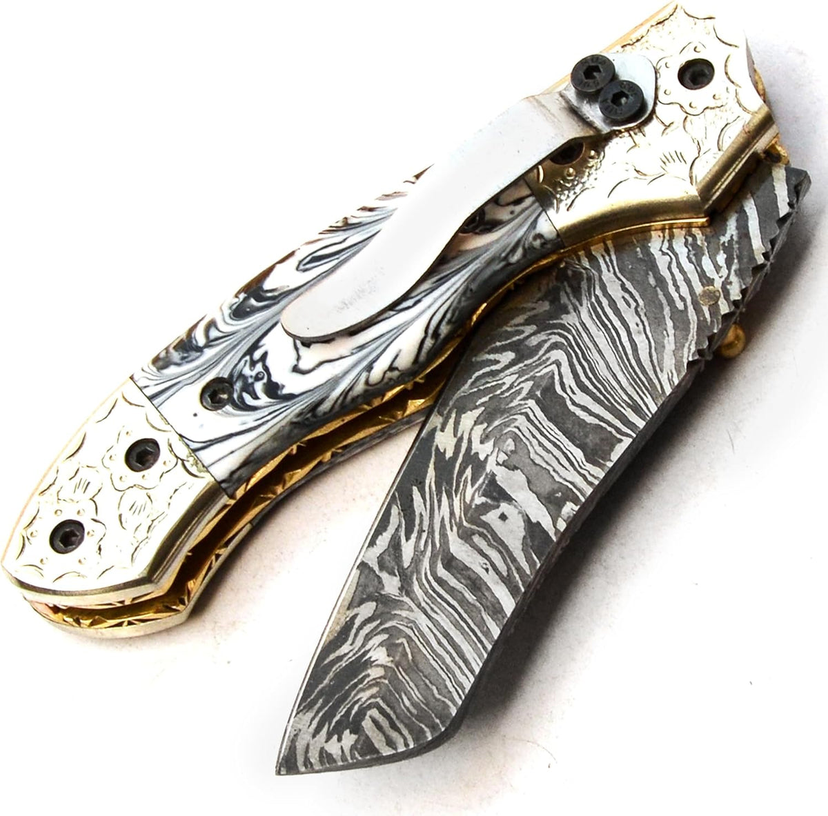 Handmade Damascus Steel Folding Pocket Hunting Knife with Sheath D53421