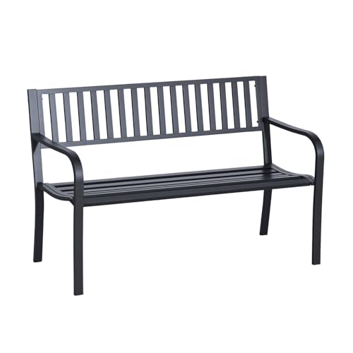 50" Black Metal Outdoor Garden Bench with Slatted Seat P2020