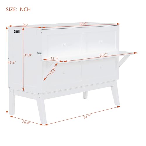 Full Size Murphy Bed with Desk, USB Port, and Shelves, White Wood Frame B741