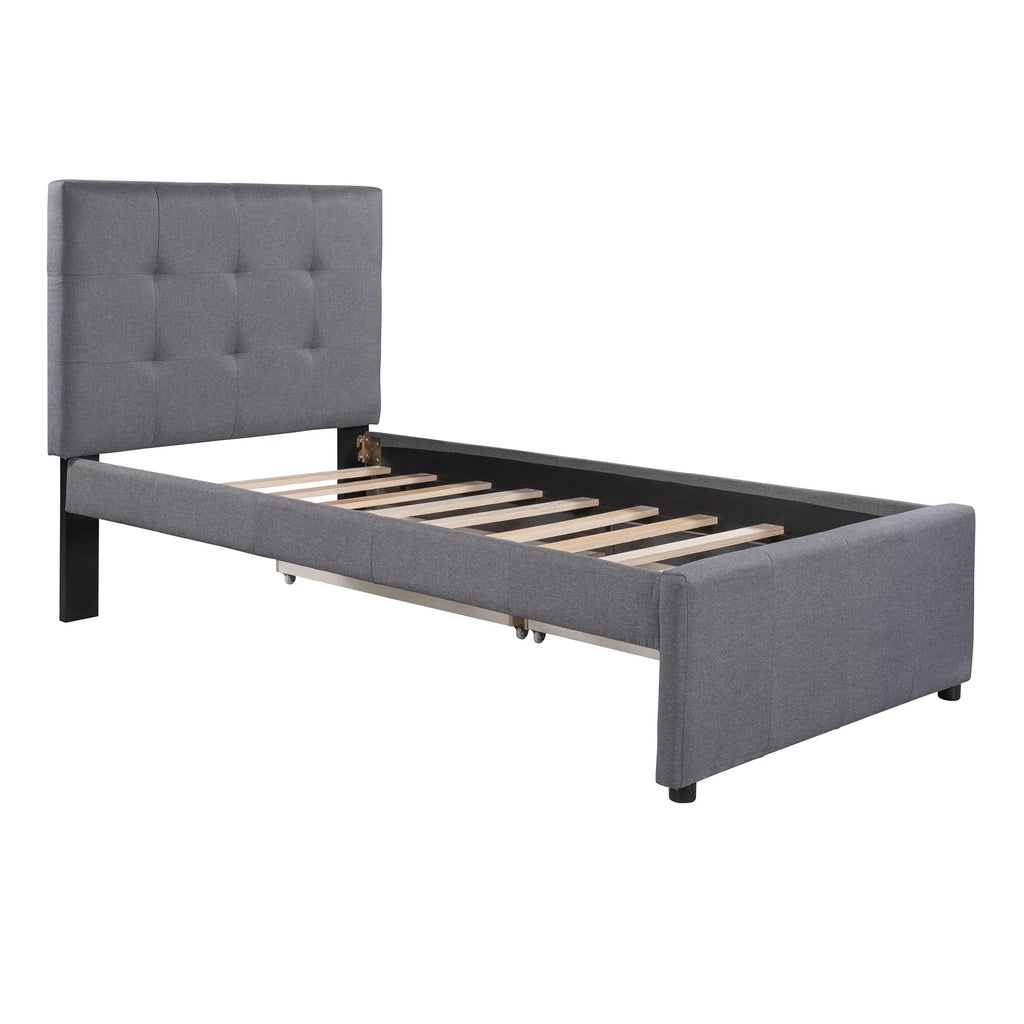 Gray Upholstered Twin Size Platform Bed with 2 Storage Drawers K3529
