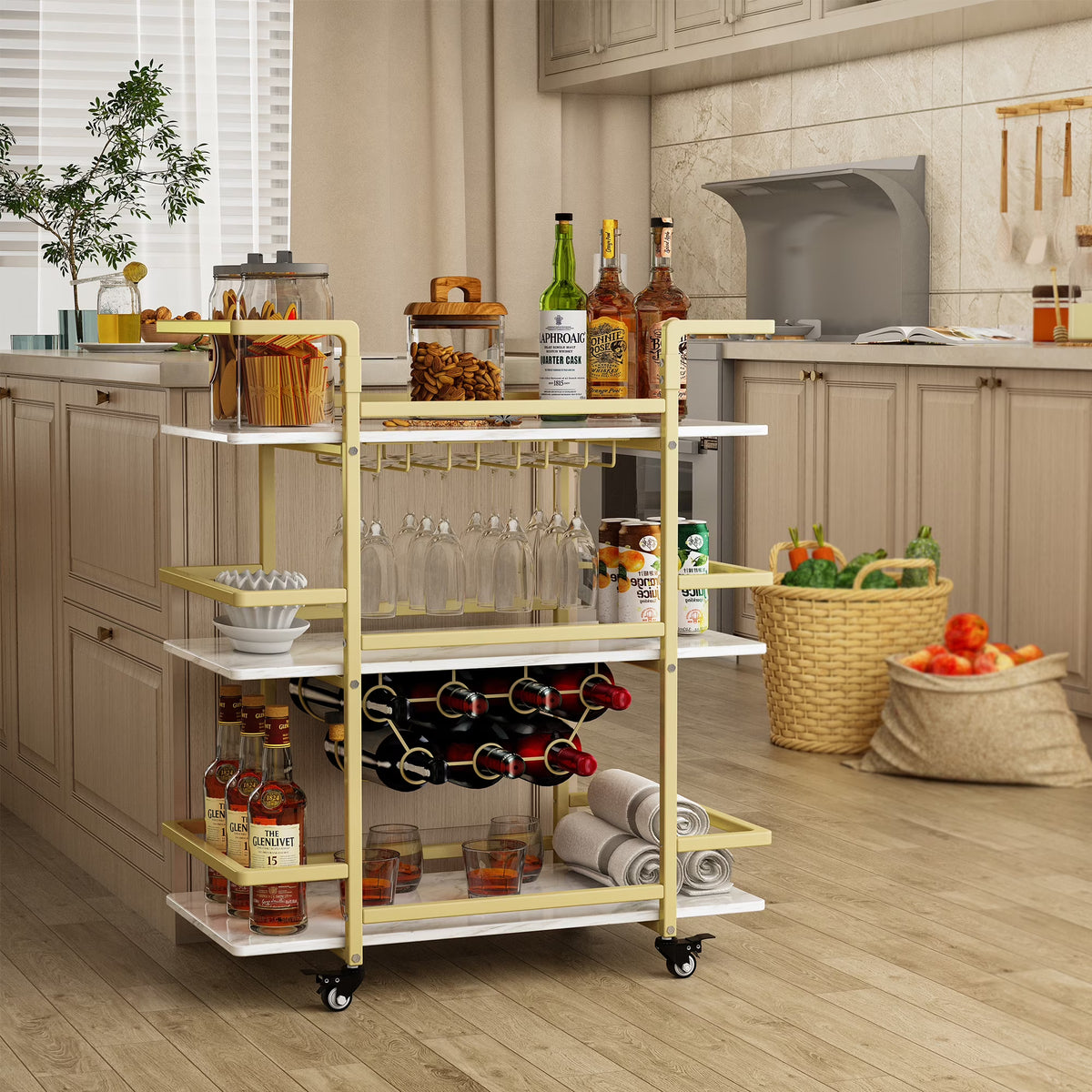 Golden 3-Tier Bar Cart with Wine Rack and Glass Cup Storage H53428