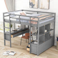 Grey Full Size Wood Loft Bed with Desk Drawers Shelves and Ladder C1633