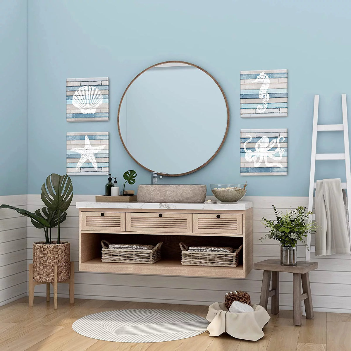 Blue Coastal Nautical Canvas Prints set of 4, 12x12 inch O516987