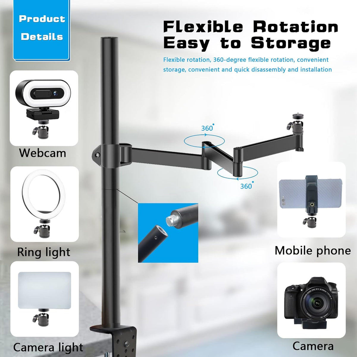 Overhead Camera Mount Rig Stand with Flexible Arm and 360° Ball Head E875