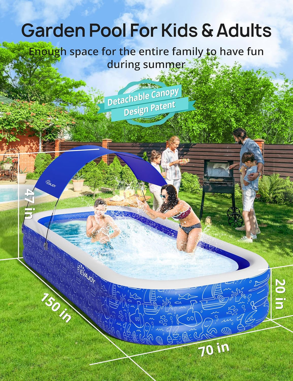 Blue Inflatable Pool with Canopy, 150” x 70” x 20” I55258