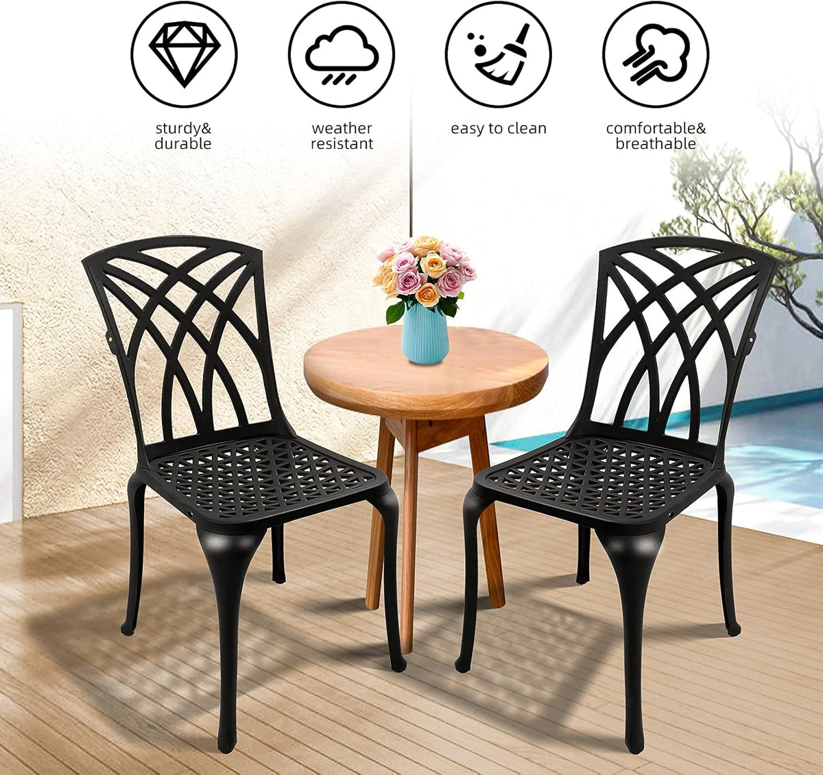 Black Set of 2 Cast Aluminum Outdoor Dining Chairs N608