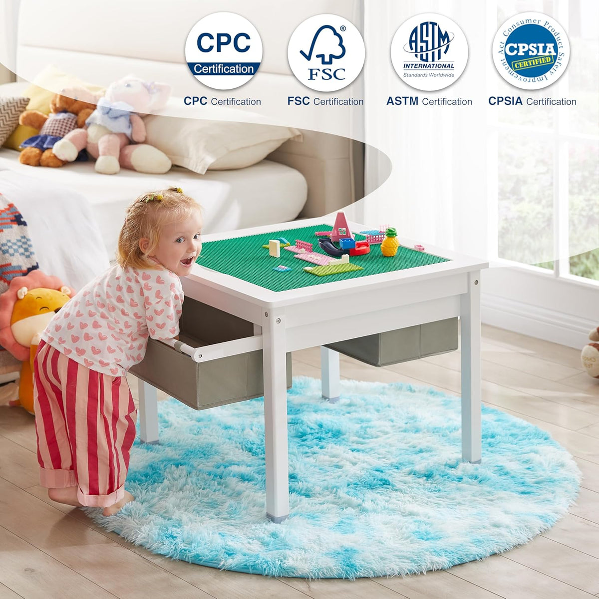 White Wooden Kids Table with Storage Drawers H753545