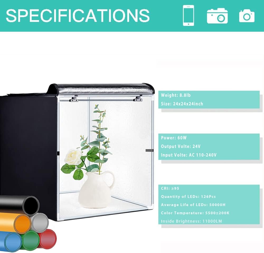 Portable Foldable 24 x 24 Inch Photo Studio Light Box Kit with LED Lights and 6 Color Backdrops F7043