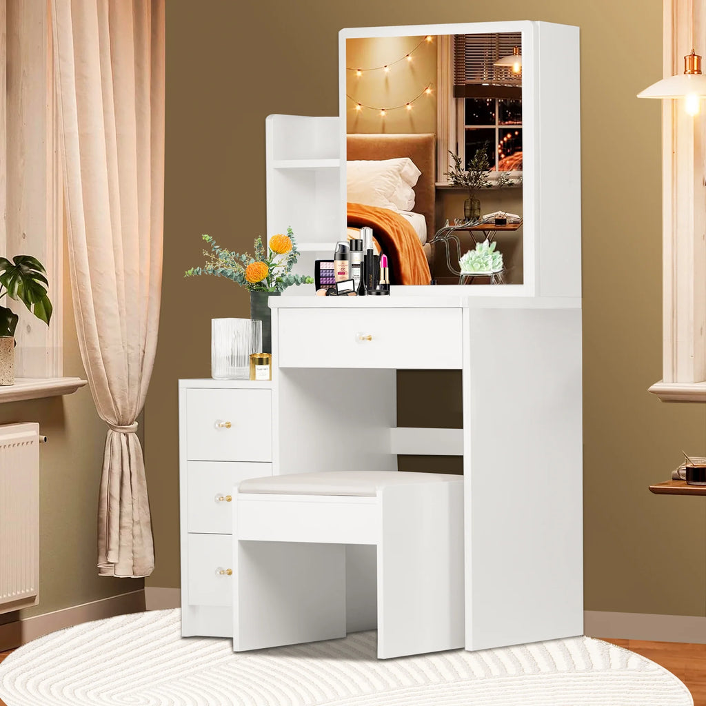White Vanity Set with Sliding Mirror, Drawers & Stool F7834