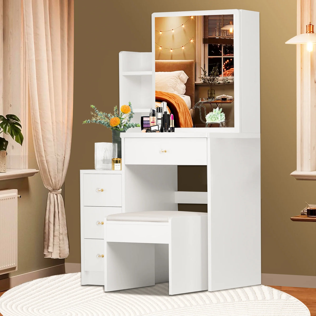 White Vanity Set with Sliding Mirror, Drawers & Stool F7834