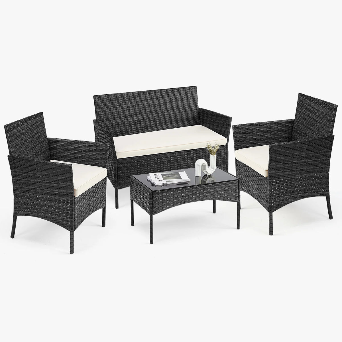 Black Outdoor Patio Furniture Set with Sectional Sofa, Table, Chairs and Cushions J39100