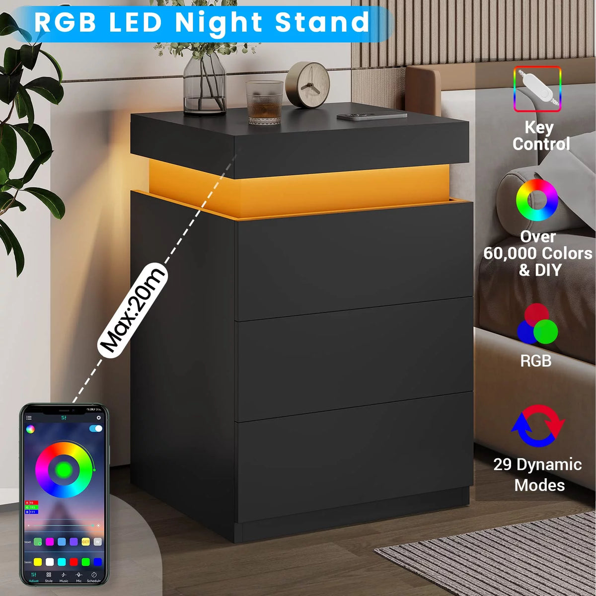Black LED Nightstands Set of 2 with Charging Station and 3 Drawers E3497