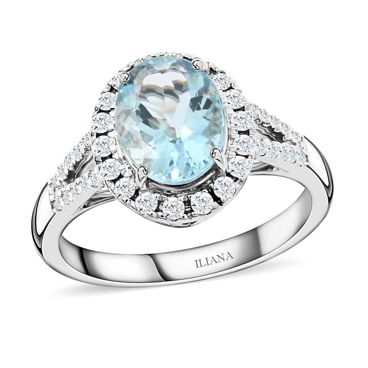 18K White Gold Halo Ring with Blue Aquamarine and White Diamond I686