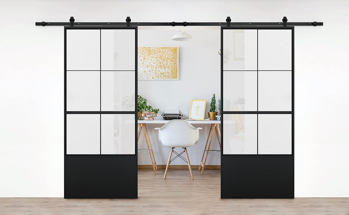 Double Barn Door 72 x 84 in with 12FT Hardware Kit and Soft Close Mechanism, Clear Tempered Glass Carbon Steel Frame I4095