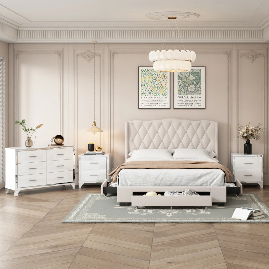 Queen Size Upholstered Bed with Three Drawers and Dresser Z790