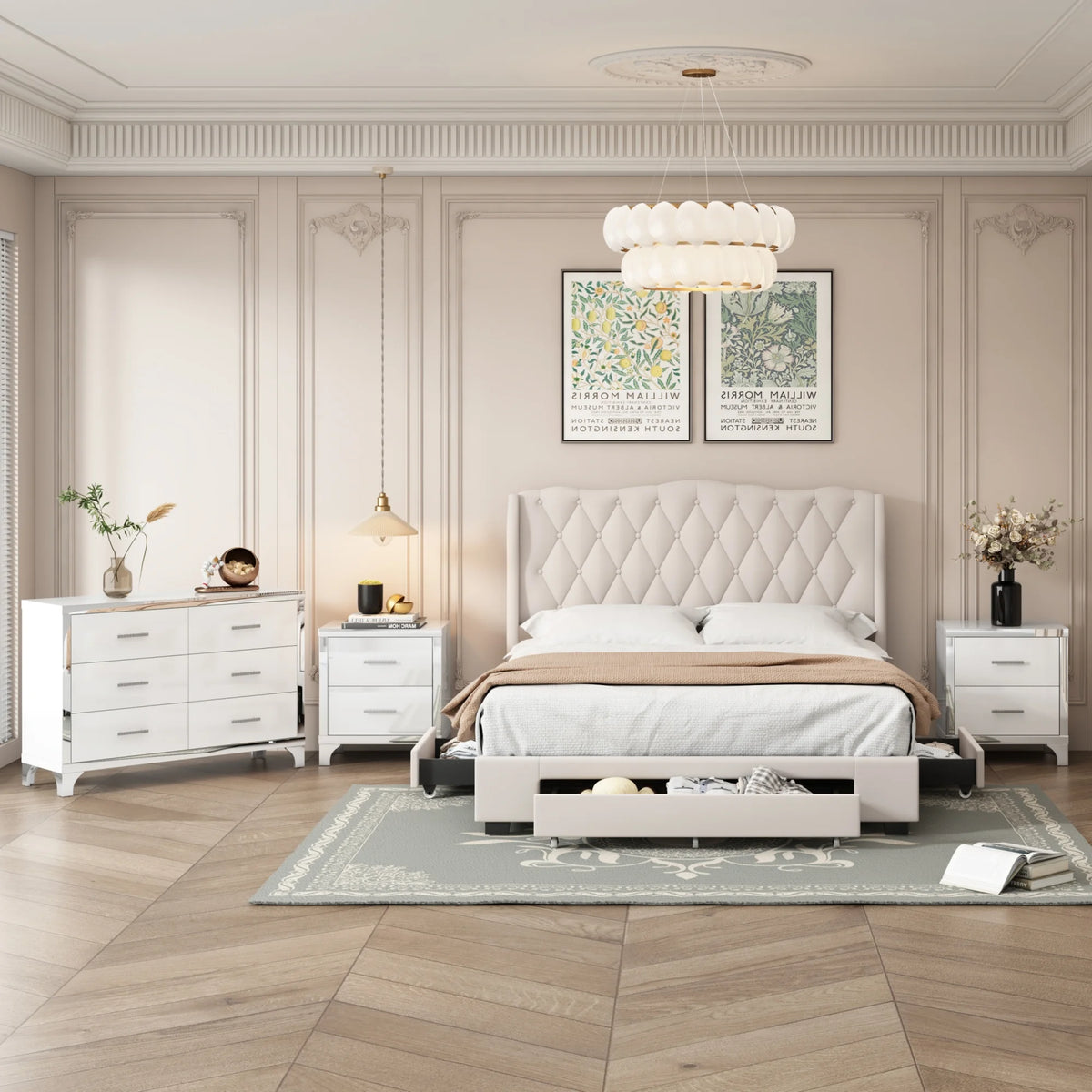 Queen Size Upholstered Bed with Three Drawers and Dresser Z790