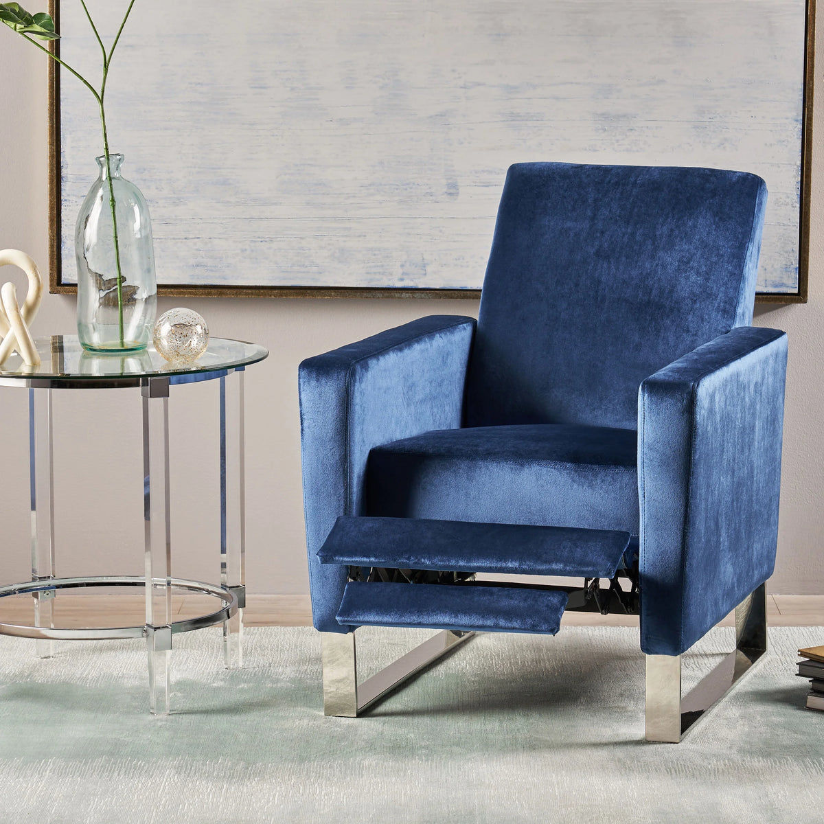 Cobalt Velvet Push Back High Leg Recliner B2122
