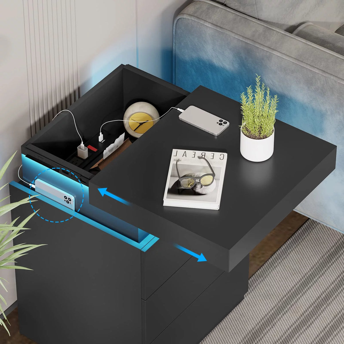 Black LED Nightstands Set of 2 with Charging Station and 3 Drawers E3497