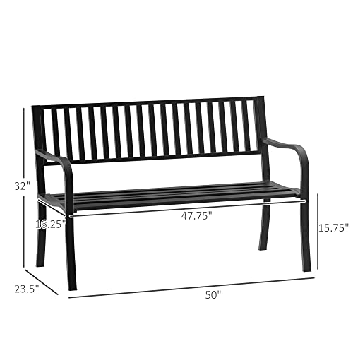 50" Black Metal Outdoor Garden Bench with Slatted Seat P2020