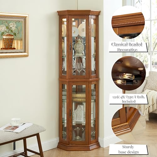 Lighted Corner Curio Display Cabinet with Adjustable Shelves & Mirrored Back N955473