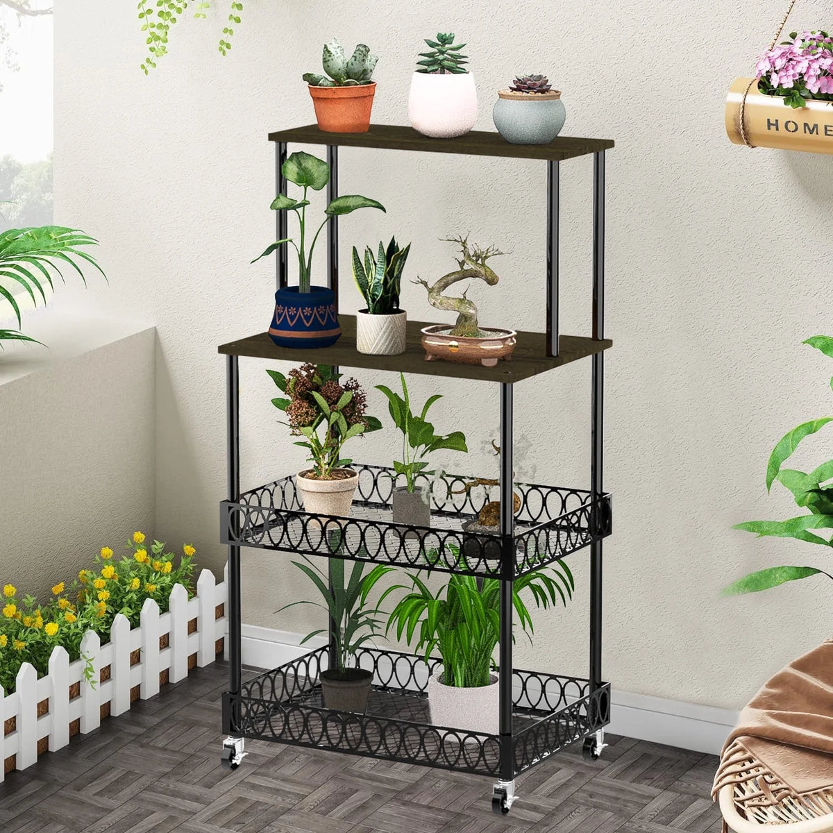 4-Tier Baker's Rack 48 inch Kitchen Storage Organizer with Metal Wheels D3400