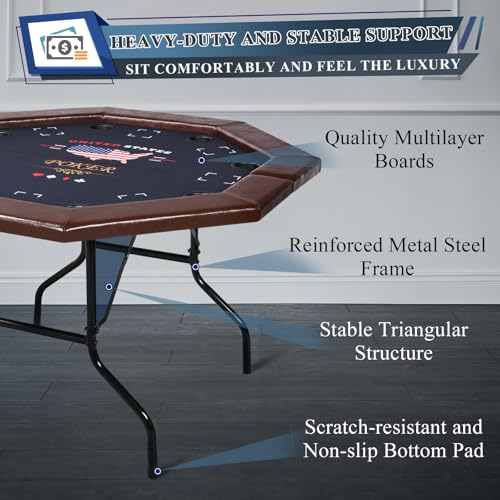 50 inch Foldable Octagon Poker Table with Stainless Steel Cup Holders Q66337
