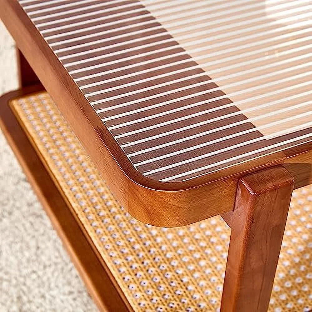Rattan Woven Glass Desktop Round Double-Layer Solid Wood Coffee Table Z12080