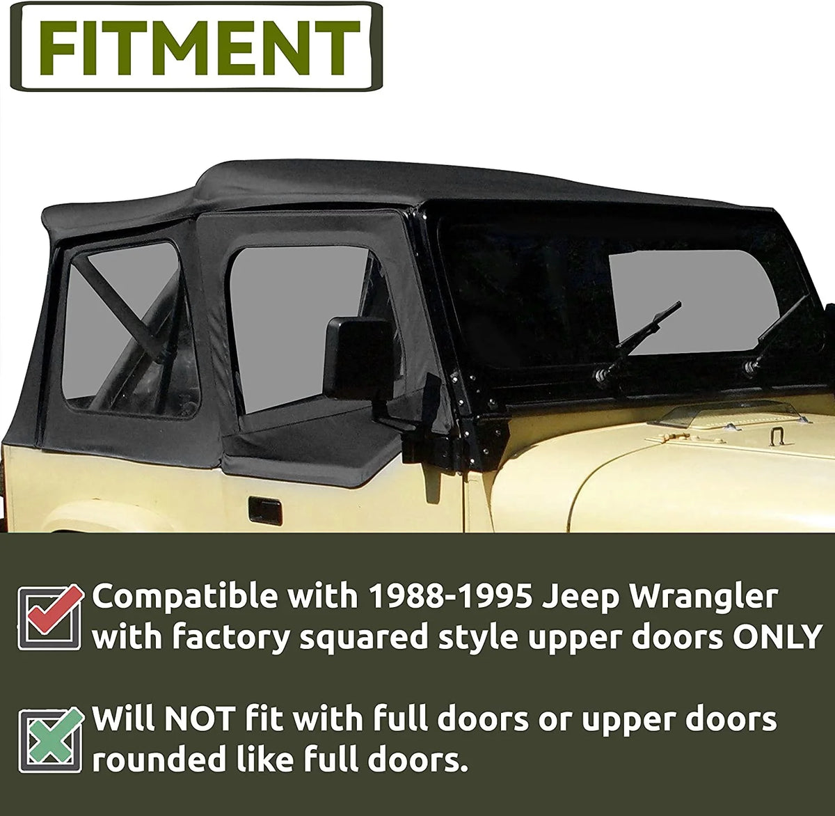 Convertible Soft Top Sailcloth for 1987-1995 Jeep Wrangler YJ Black 2 Door Q742025