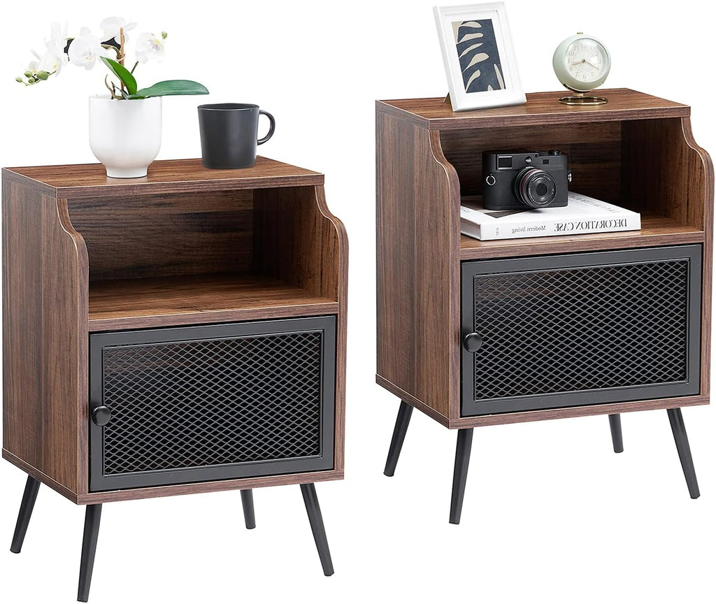 Brown Metal Nightstand with Storage Cabinet and Drawer Shelf D39494
