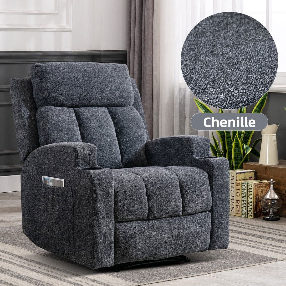 Manual Massage Recliner Chair with Heat, Side Pockets and Cup Holders, Overstuffed Breathable Fabric Reclining Chair, Single Sofa B468694