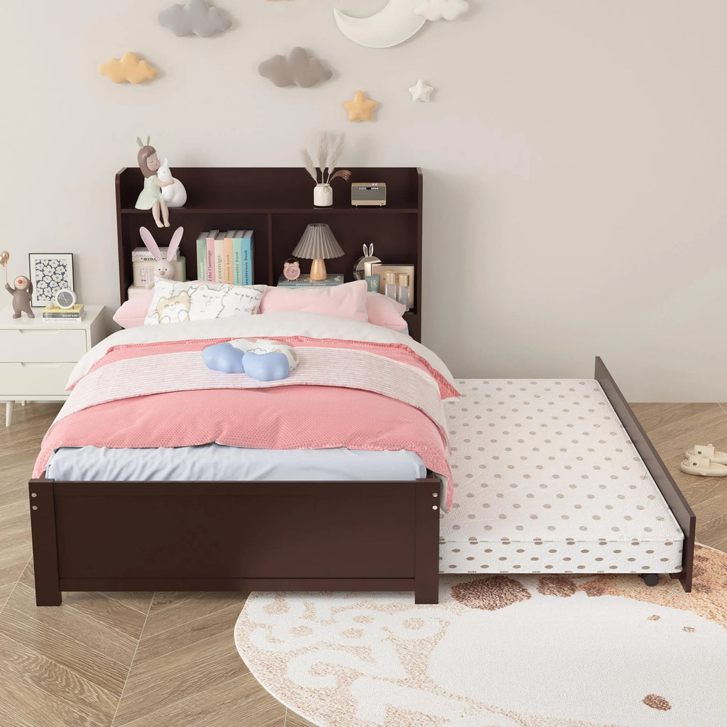 Twin Bed Frame with Trundle and Storage Bookcase B26661