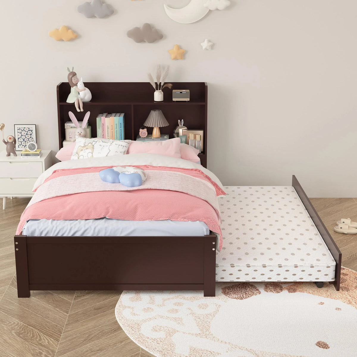 Twin Bed Frame with Trundle and Storage Bookcase B26661