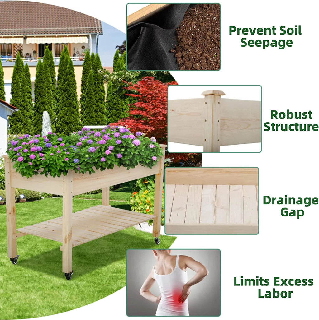 Raised Wood Garden Bed with Wheels and Storage Shelf N205535