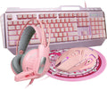 Pink 4-in-1 Gaming Keyboard Mouse Headset Combo, White Led Backlit 104 Keys Ergonomic Gamer Keyboard, 4800DPI Optical Game Mouse, 3.5mm Stereo Headset A955