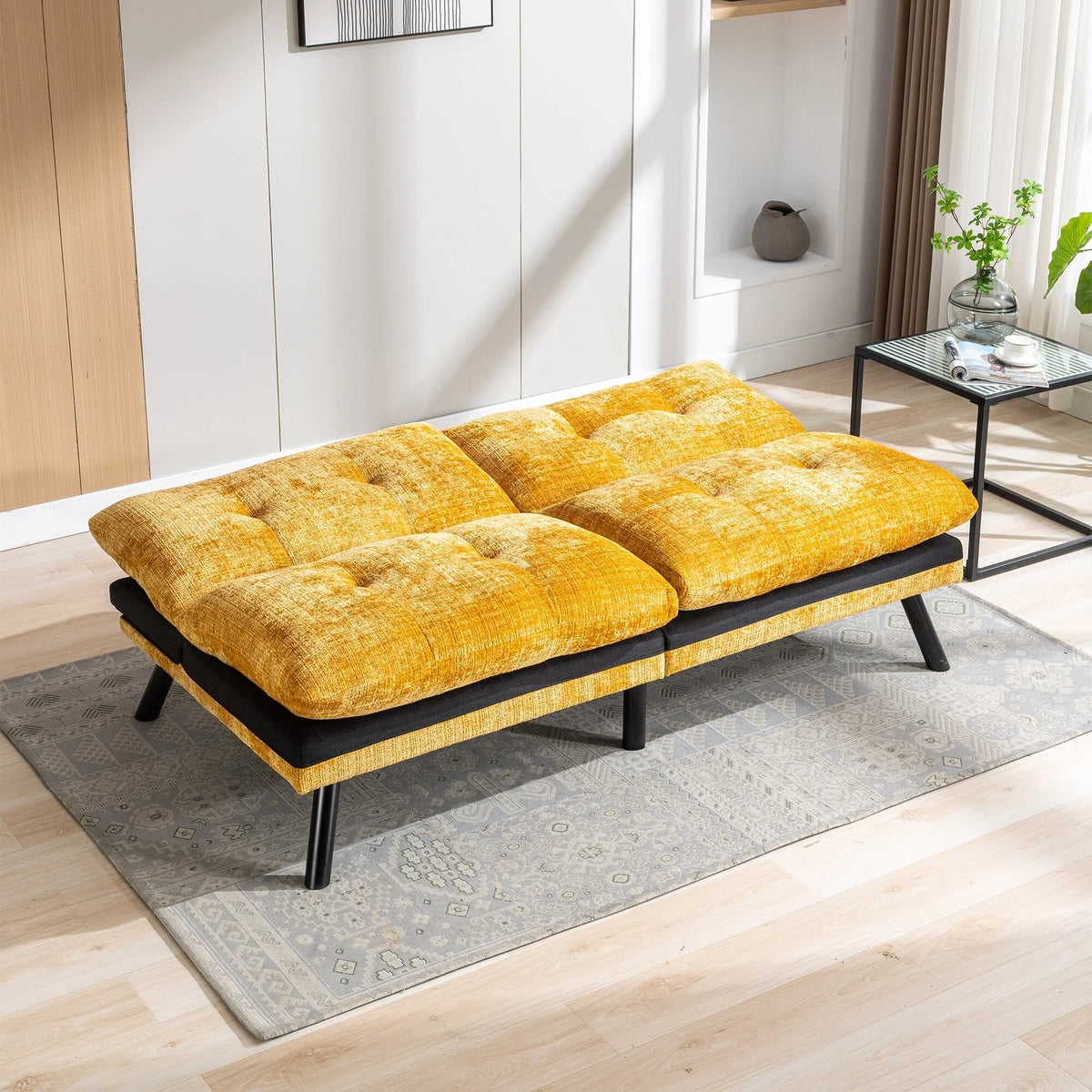 Yellow Chenille Convertible Futon Sofa Bed X384