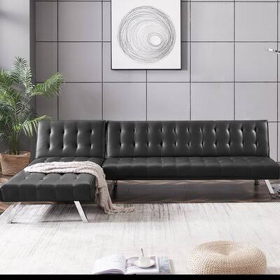 Black Faux Leather Reversible Sleeper Sofa and Chaise Y2037