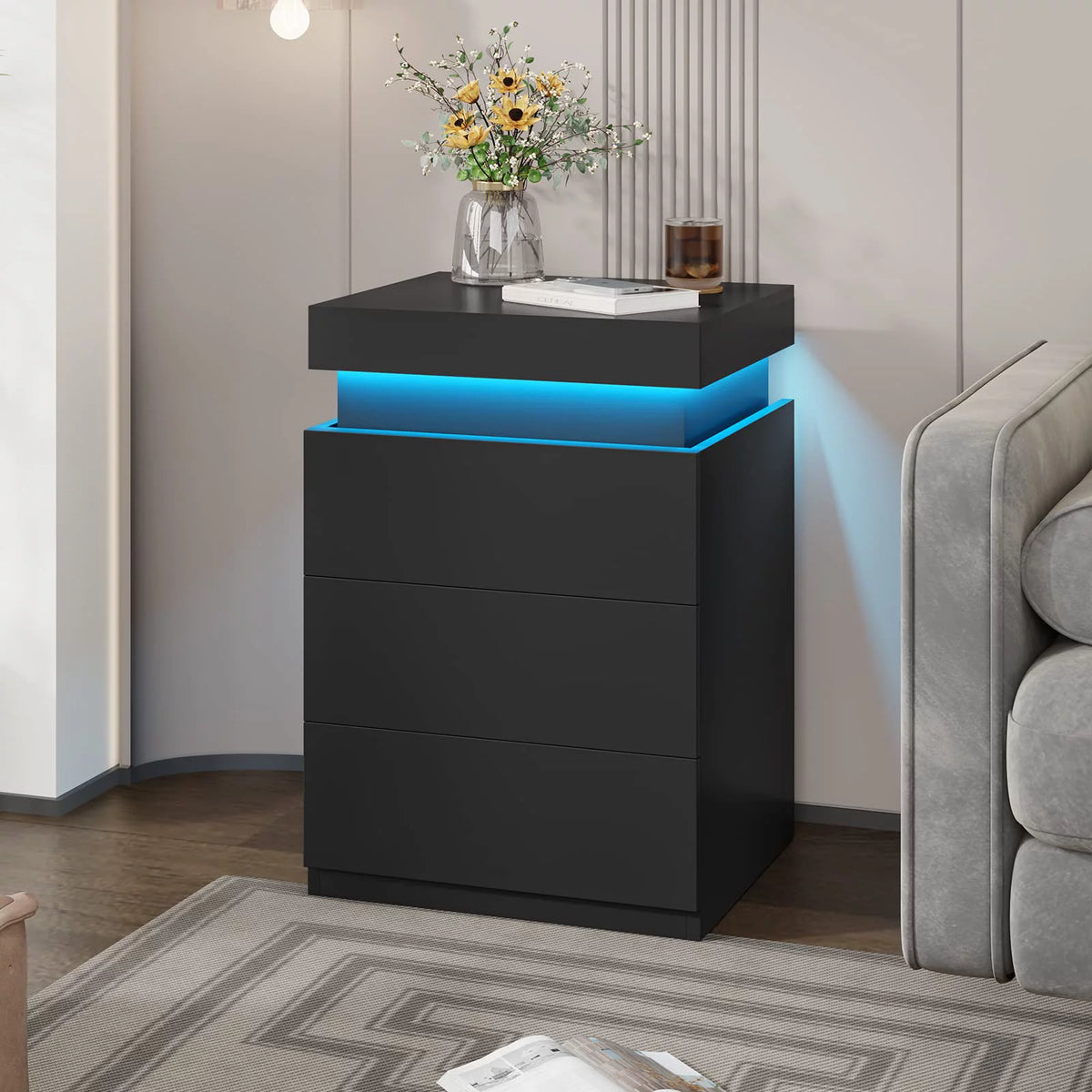 Black LED Nightstands Set of 2 with Charging Station and 3 Drawers E3497