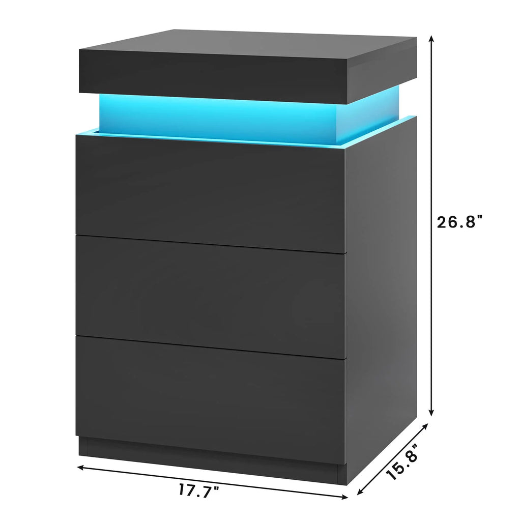 Black LED Nightstands Set of 2 with Charging Station and 3 Drawers E3497