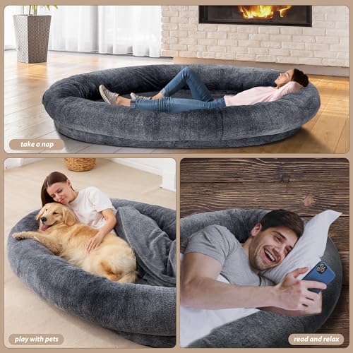 Large Human Dog Bed 72"x48"x10" Black with Washable Fur Cover W935666