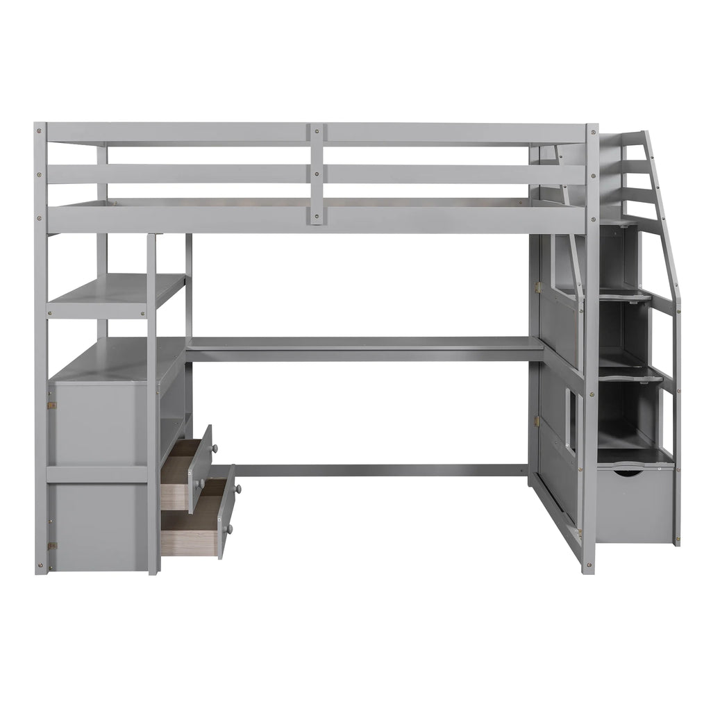 Full Wood Loft Bed with Desk, Storage Stairs, Two Drawers P676