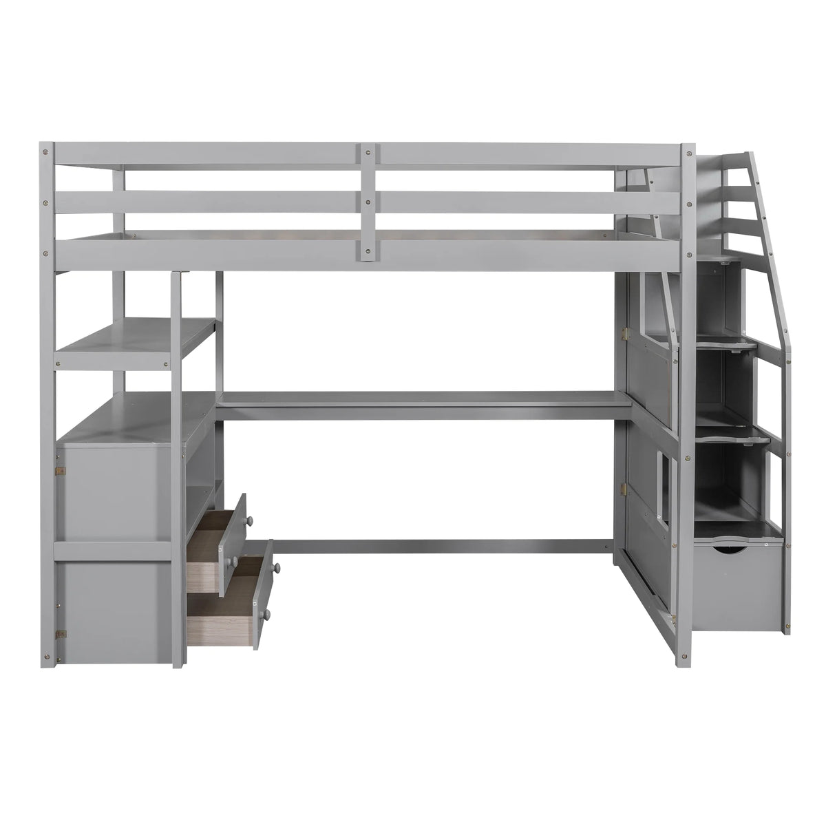 Full Wood Loft Bed with Desk, Storage Stairs, Two Drawers P676