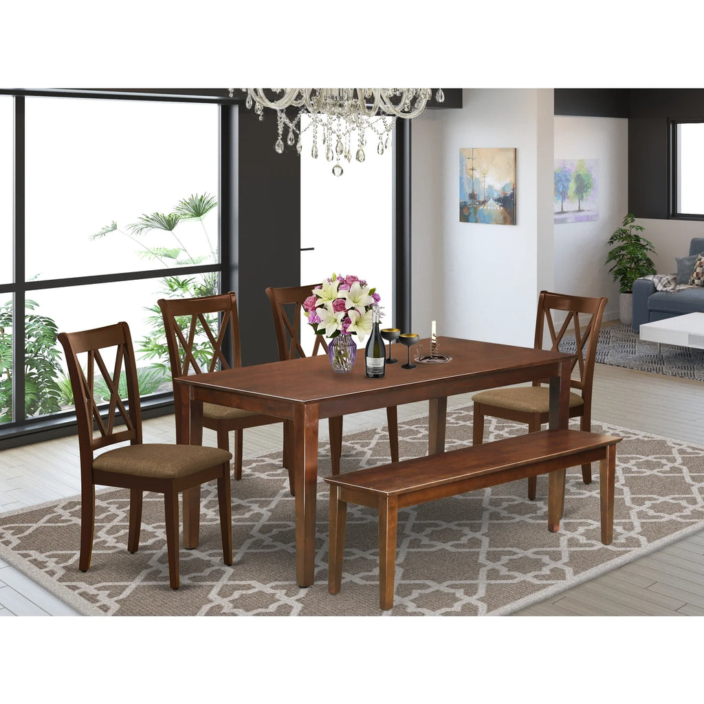6 Pc Dining Set with Table Chairs and Bench Mahogany Finish E883679