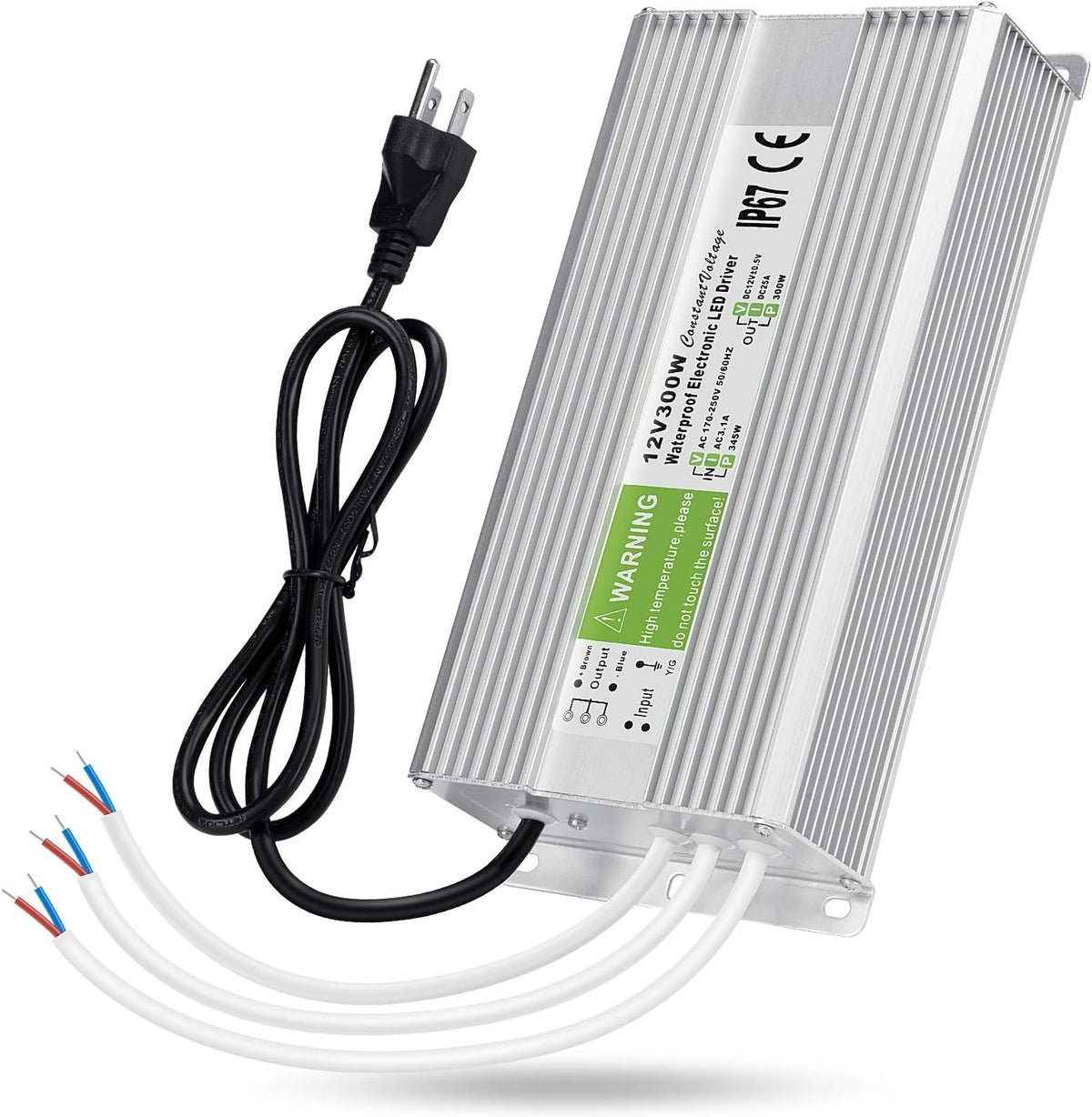 LEDMO IP67 Power Supply 300 Watts DC12V 25A AC/DC Driver Transformer Adapter Low Voltage Output with 3-Prong Plug 3.3 Feet Cable E7370